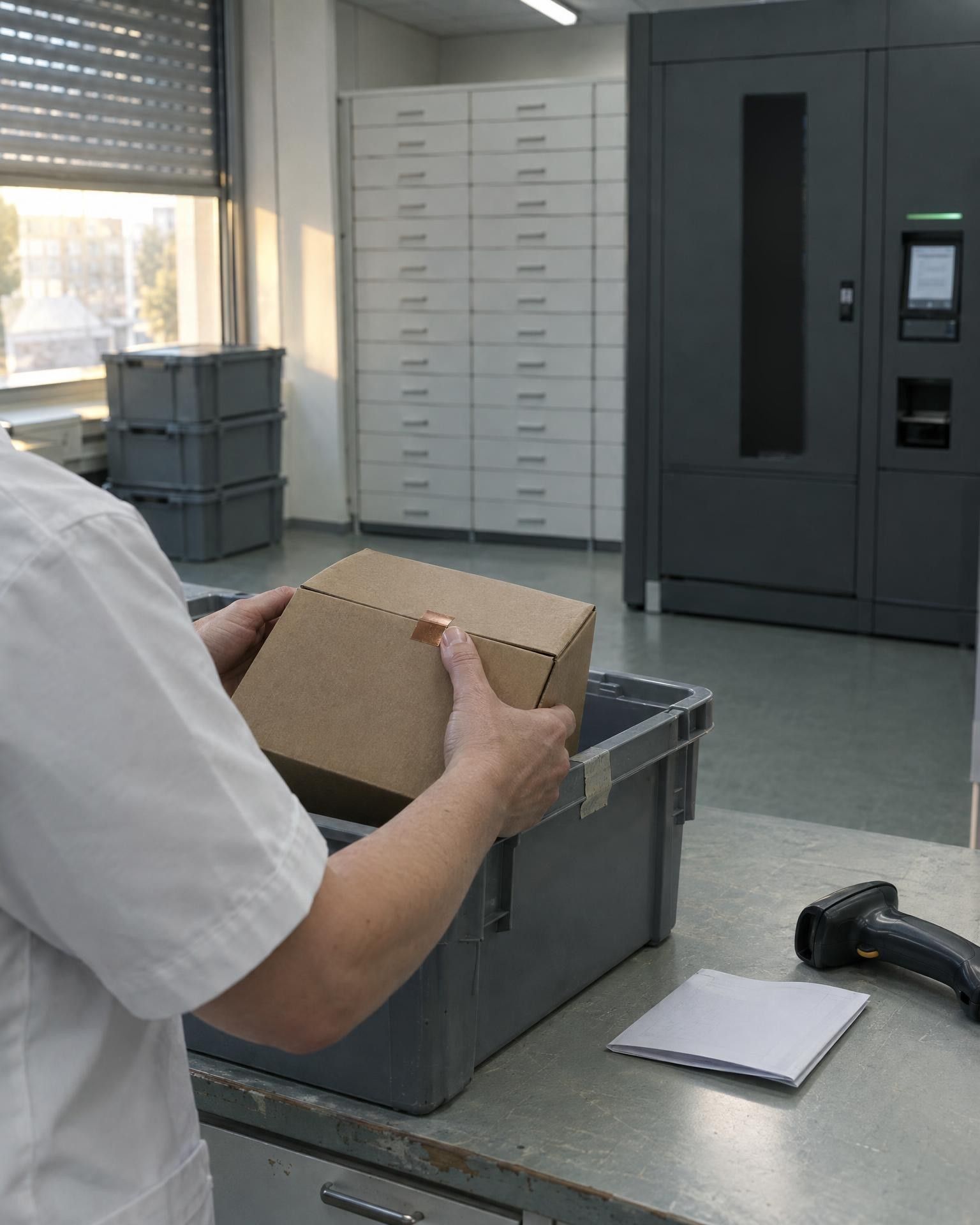 Goods receipt in a pharmacy in the morning: hands lift a sealed carton out of a delivery tote