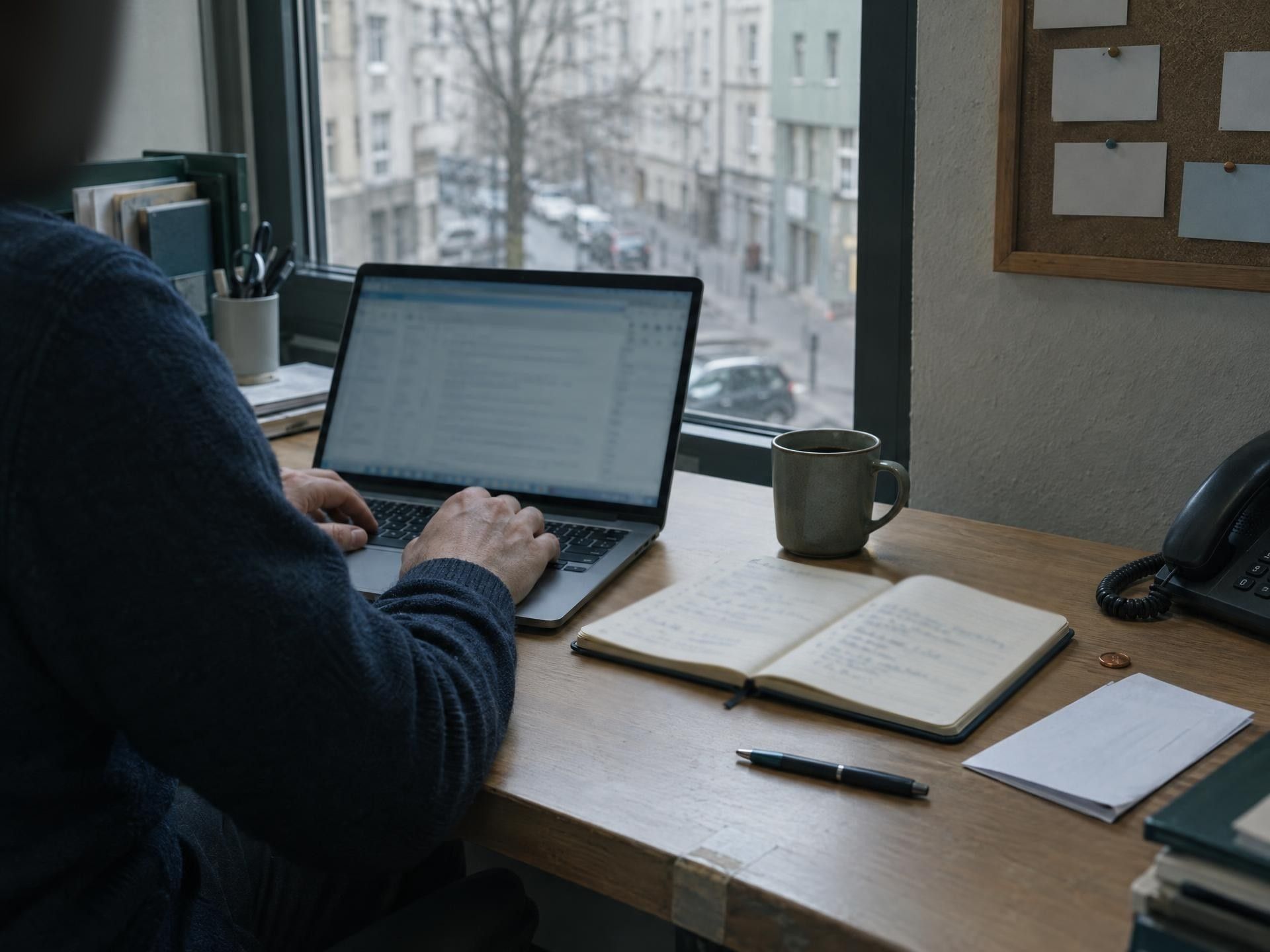 An office desk by a window: hands type a reply on a laptop